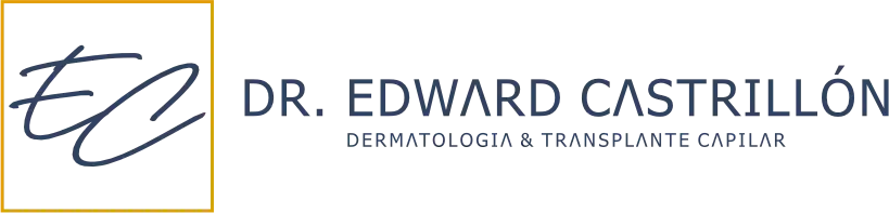 Identidade visual do doutor Edward Castrillóm, com um quadrado em dourado, com as letras estilizadas EC ao centro. Logo ao lado direito o nome Dr. Edward Castrillón, e abaixo as especialidade "Dermatologia e Transplante Capilar".